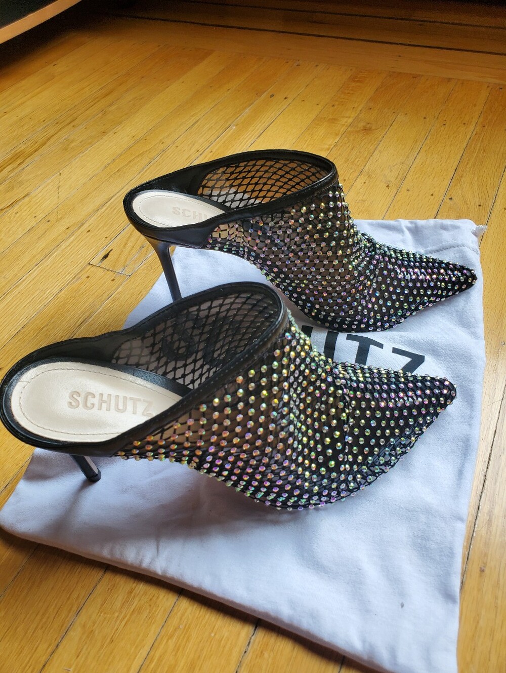 SCHUTZ Black Iridescent Crystal Mesh Mule Heels. Like New!